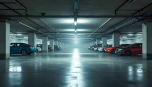 Empty parking garage with cars.